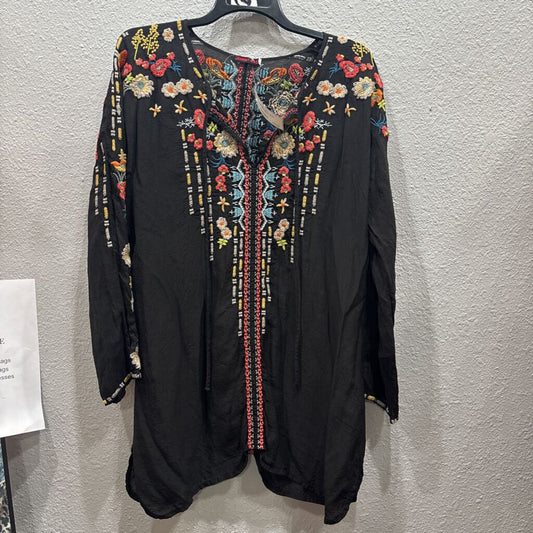 JOHNNY WAS,JWAS SILK LIKE FLORAL TOP ,BLK MULTI,L