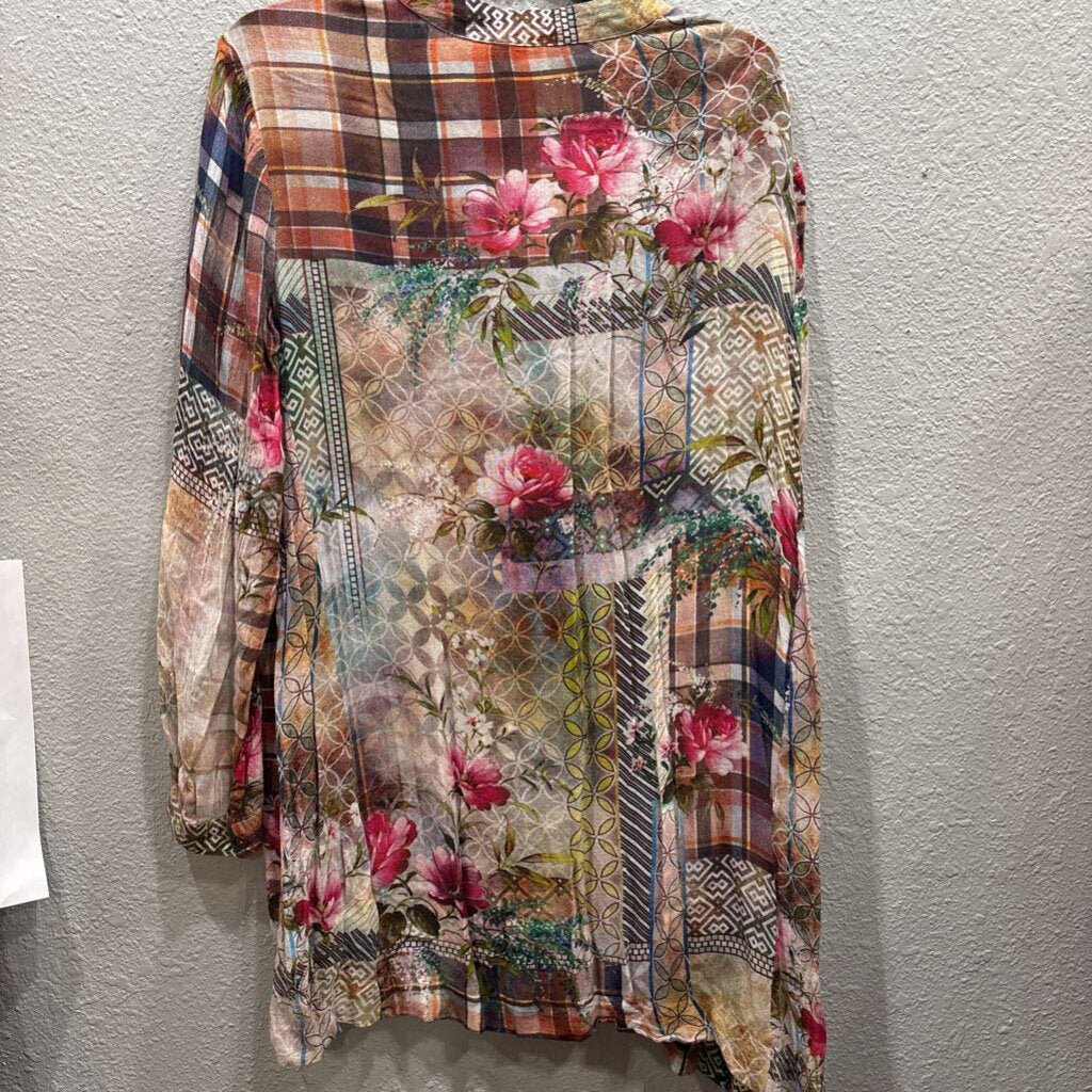 JOHNNY WAS,JWAS PLAID FLORAL TUNIC TOP ,MULTI ,S