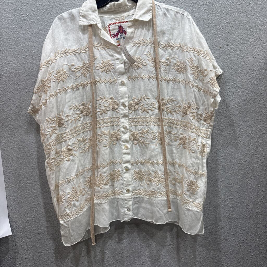 JOHNNY WAS,JWAS EMBROD LINEN TOP ,WHT TAN ,S