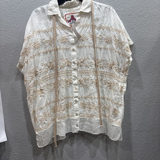 JOHNNY WAS,JWAS EMBROD LINEN TOP ,WHT TAN ,S