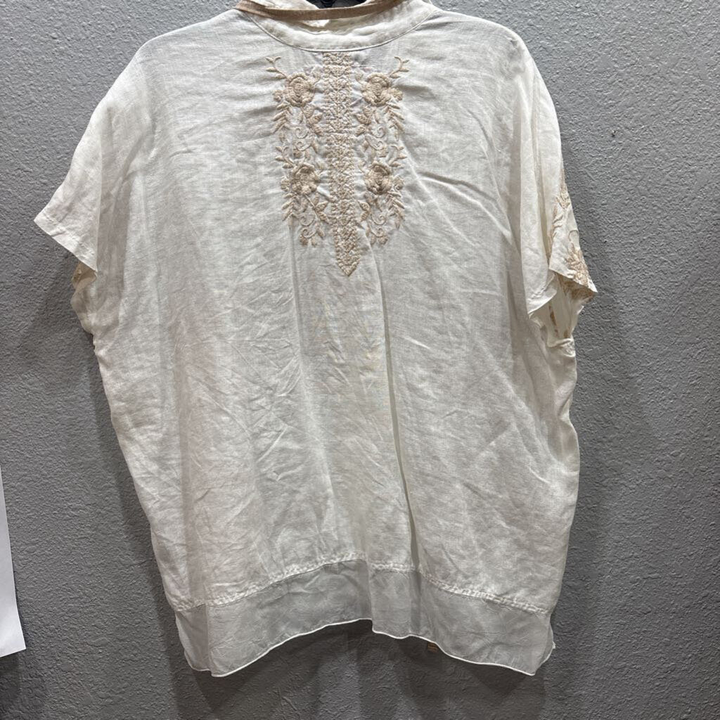 JOHNNY WAS,JWAS EMBROD LINEN TOP ,WHT TAN ,S