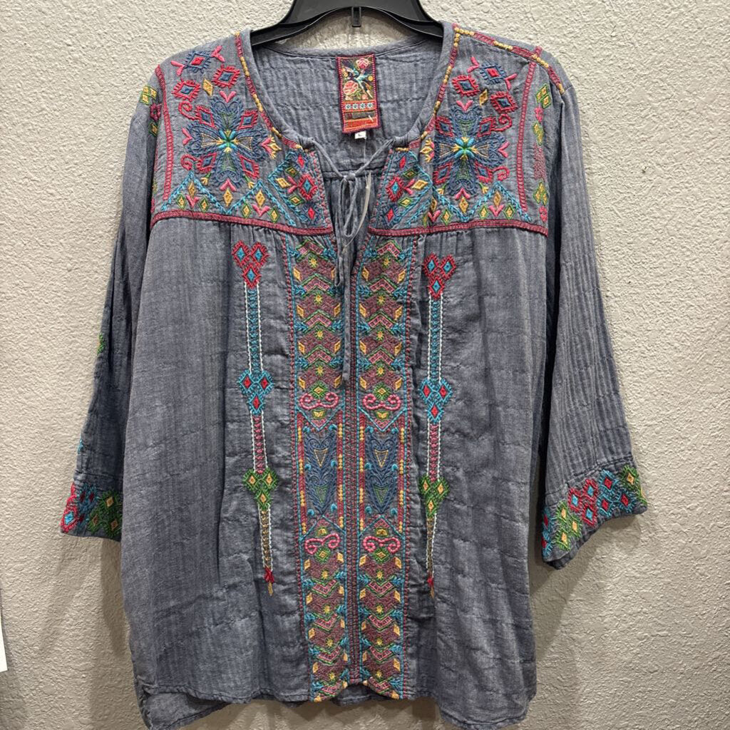 JOHNNY WAS,JWAS FLORAL TOP ,DENIM MULTI ,L