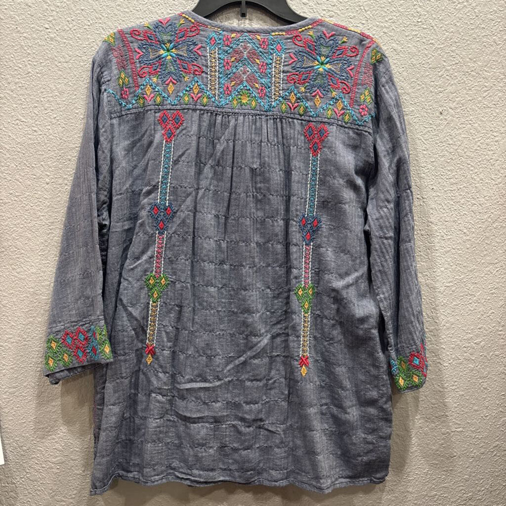 JOHNNY WAS,JWAS FLORAL TOP ,DENIM MULTI ,L