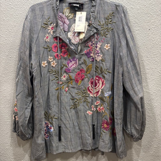 JOHNNY WAS,NWT JWAS FLORAL PLAID TOP ,BLK WHT MULTI ,L