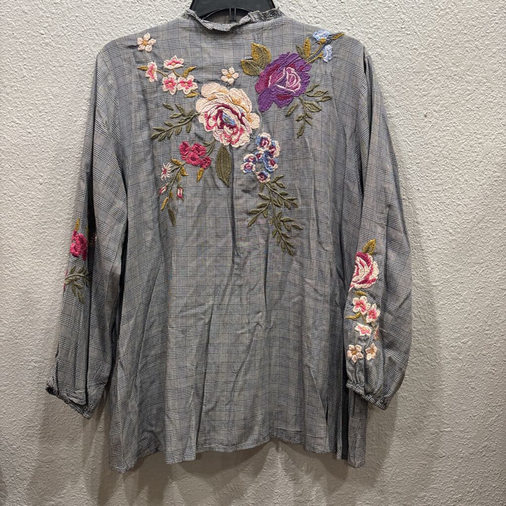 JOHNNY WAS,NWT JWAS FLORAL PLAID TOP ,BLK WHT MULTI ,L