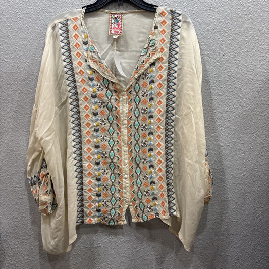 JOHNNY WAS,JWAS BOHO AZTEC TOP ,IVORY MULTI ,S