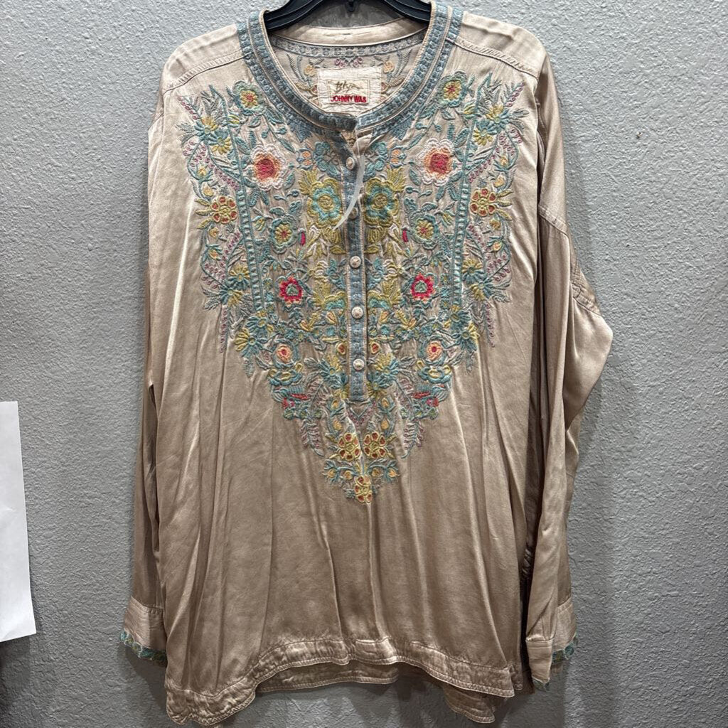 JOHNNY WAS,JWAS FLORAL HEAVY SILK LIKE TOP ,CHAMPAGNE MULTI,L