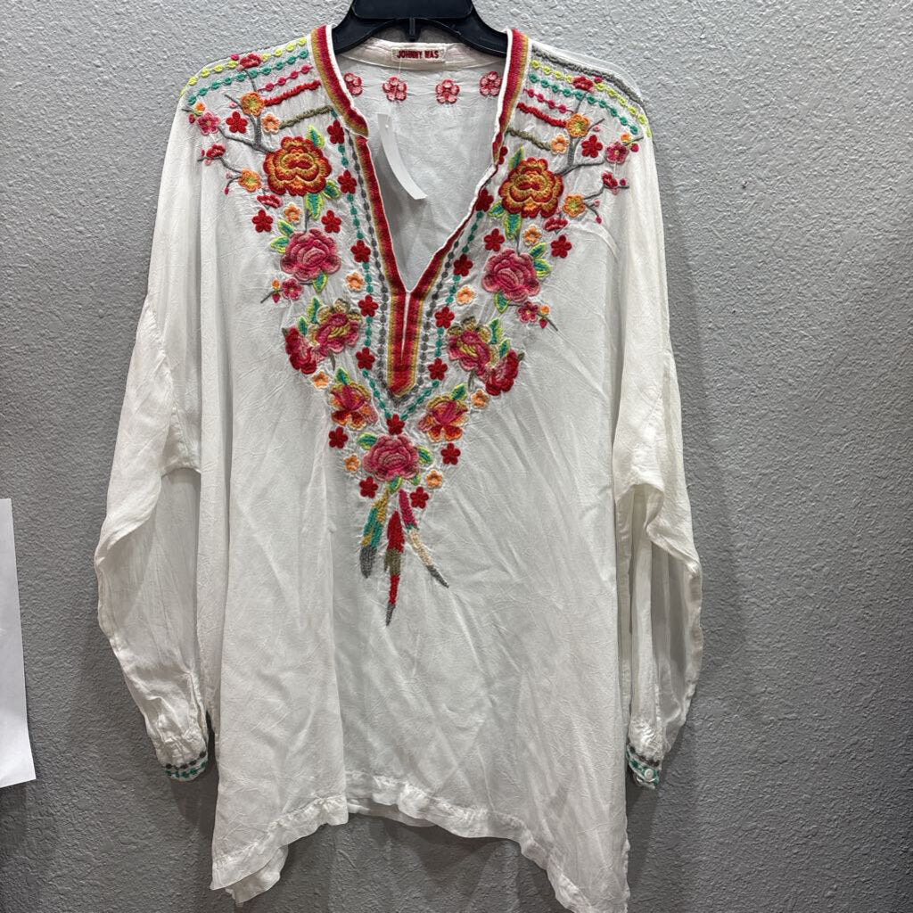 JOHNNY WAS,JWAS SILK LIKE FLORAL TOP ,WHT MULTI,L