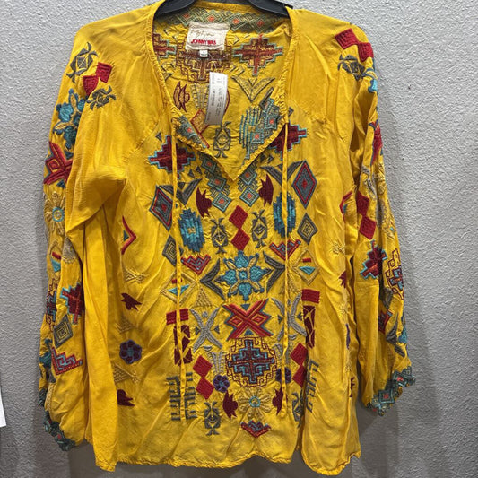JOHNNY WAS,JWAS SILK LIKE FLORAL AZTEC TOP ,YEL MULTI,L