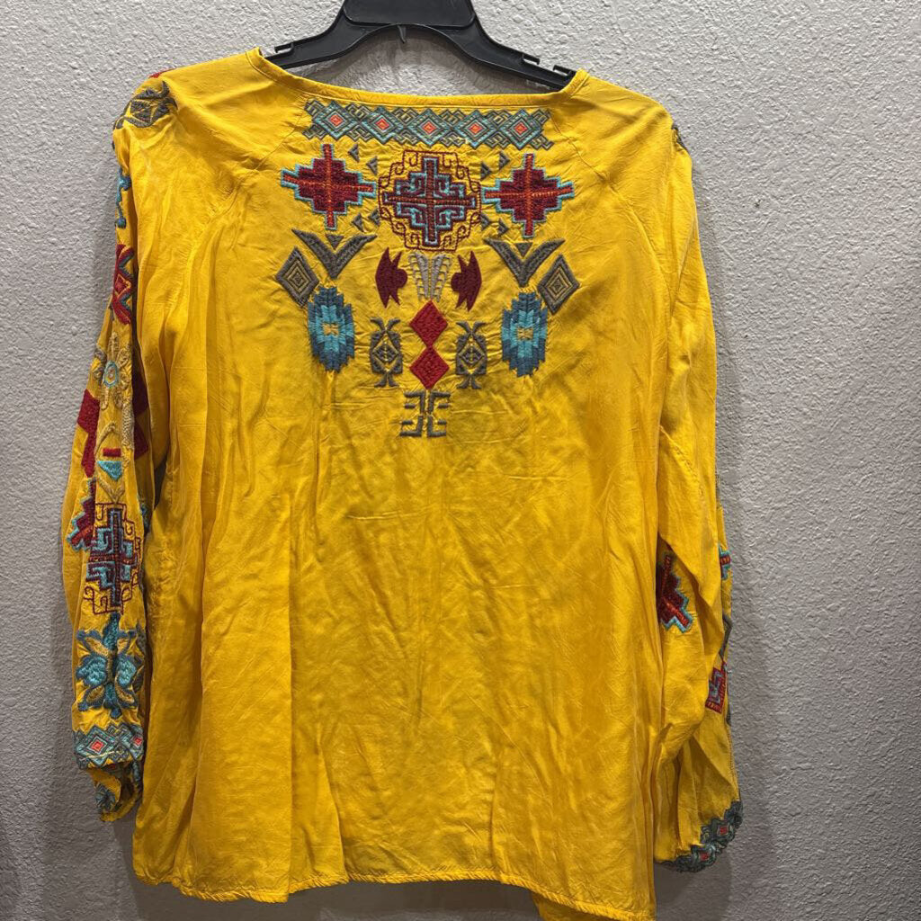JOHNNY WAS,JWAS SILK LIKE FLORAL AZTEC TOP ,YEL MULTI,L