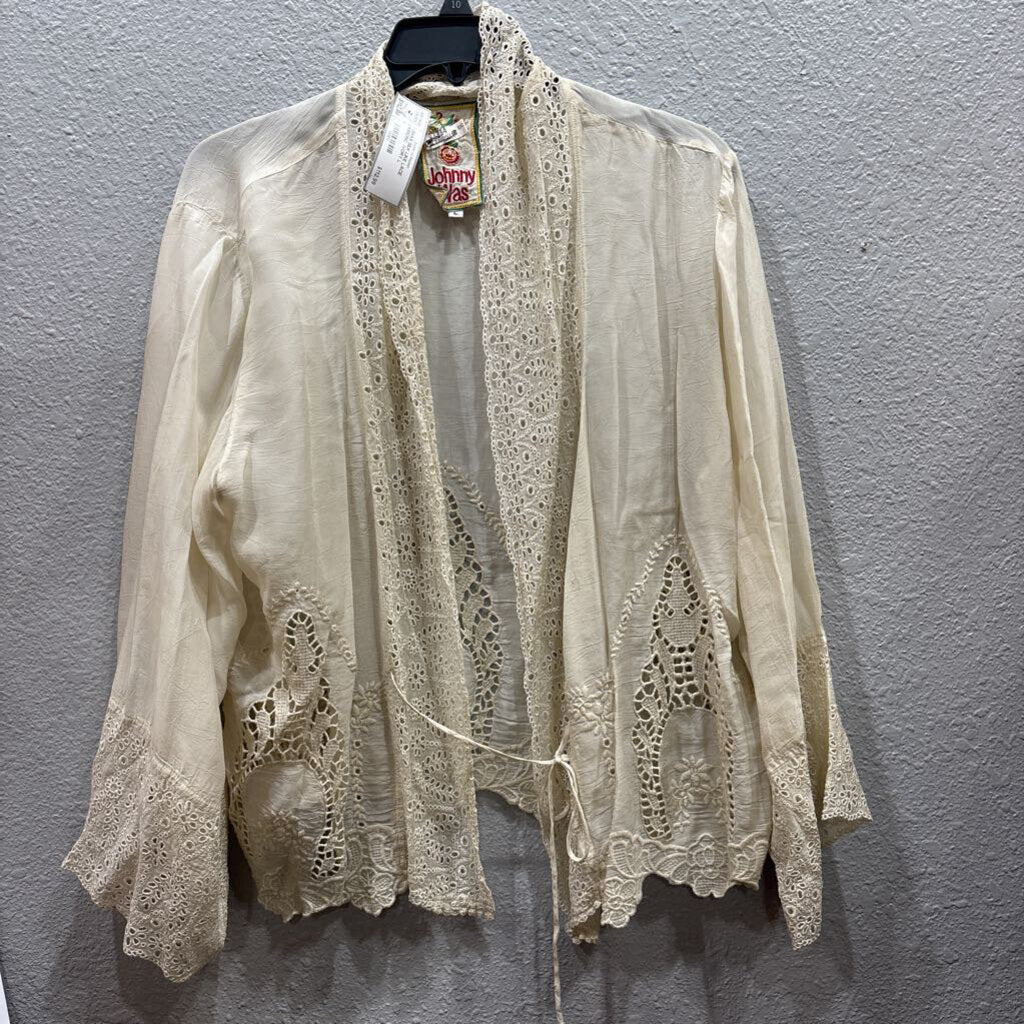 JOHNNY WAS,JWAS SILK LIKE LACE KIMONO ,IVORY,L