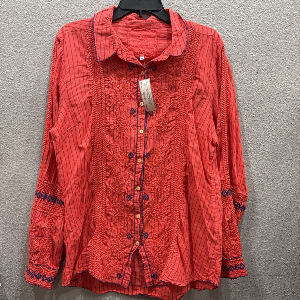 JOHNNY WAS,JWAS STRIPE BUTTONUP TOP ,CORAL BLUE ,XL