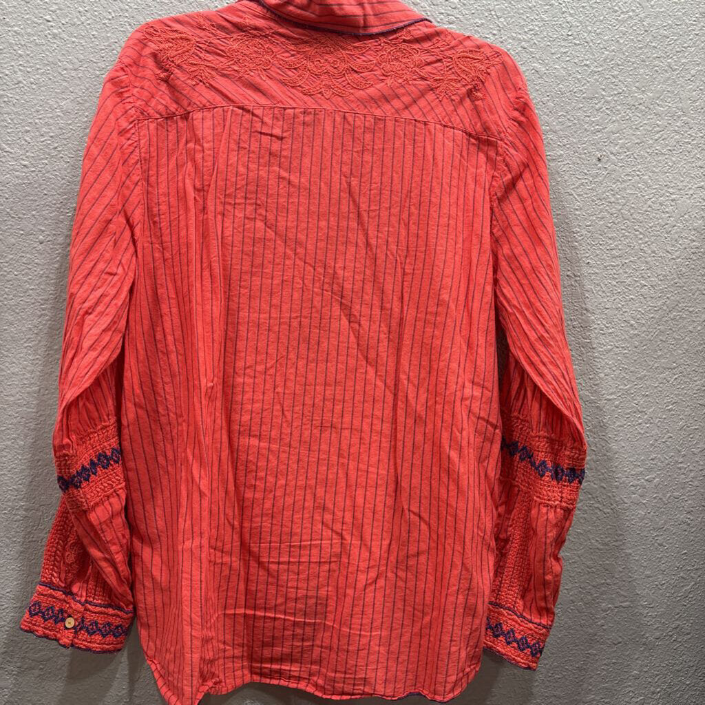 JOHNNY WAS,JWAS STRIPE BUTTONUP TOP ,CORAL BLUE ,XL
