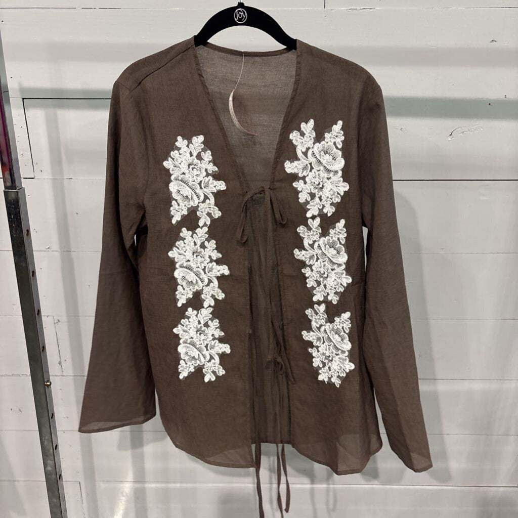 COMMENSE,L/S SHEER W/ EMBROIDERY ,BROWN ,S/M