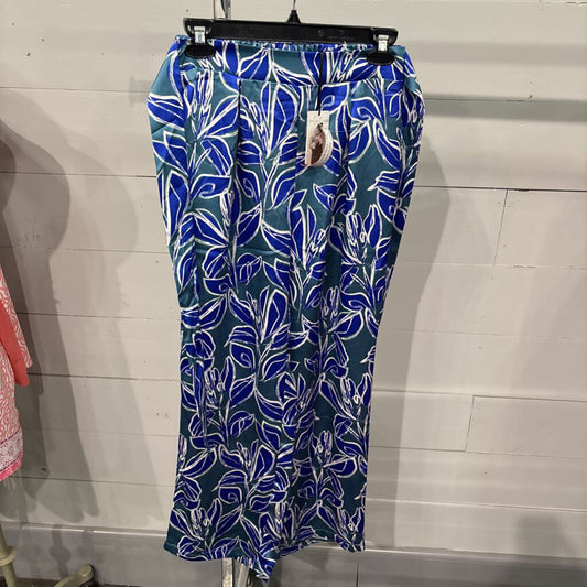 FLOWY FLORAL SILK LIKE PANT,BLUE AQUA,S