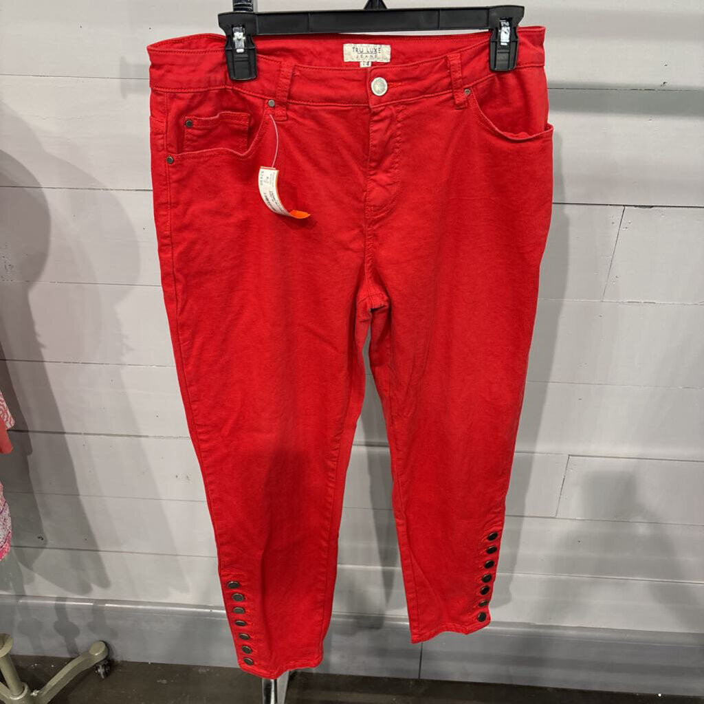 TRU LUXE,DENIM BUTTON ANKLE PANT ,RED,14