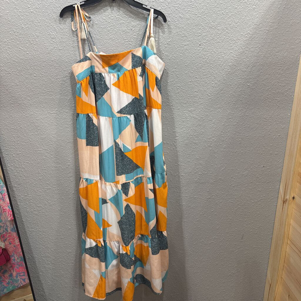 ENTRO,PATTERNED RUFFLE DRESS ,BLUE ORG WHT,S