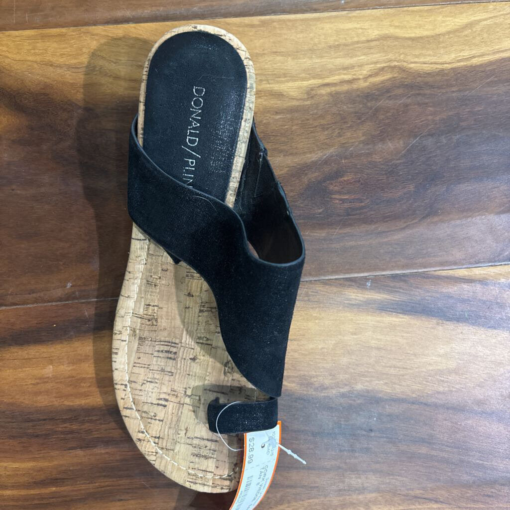 DONALD PLINER,CORK WEDGE SANDAL,BLK TAN ,8