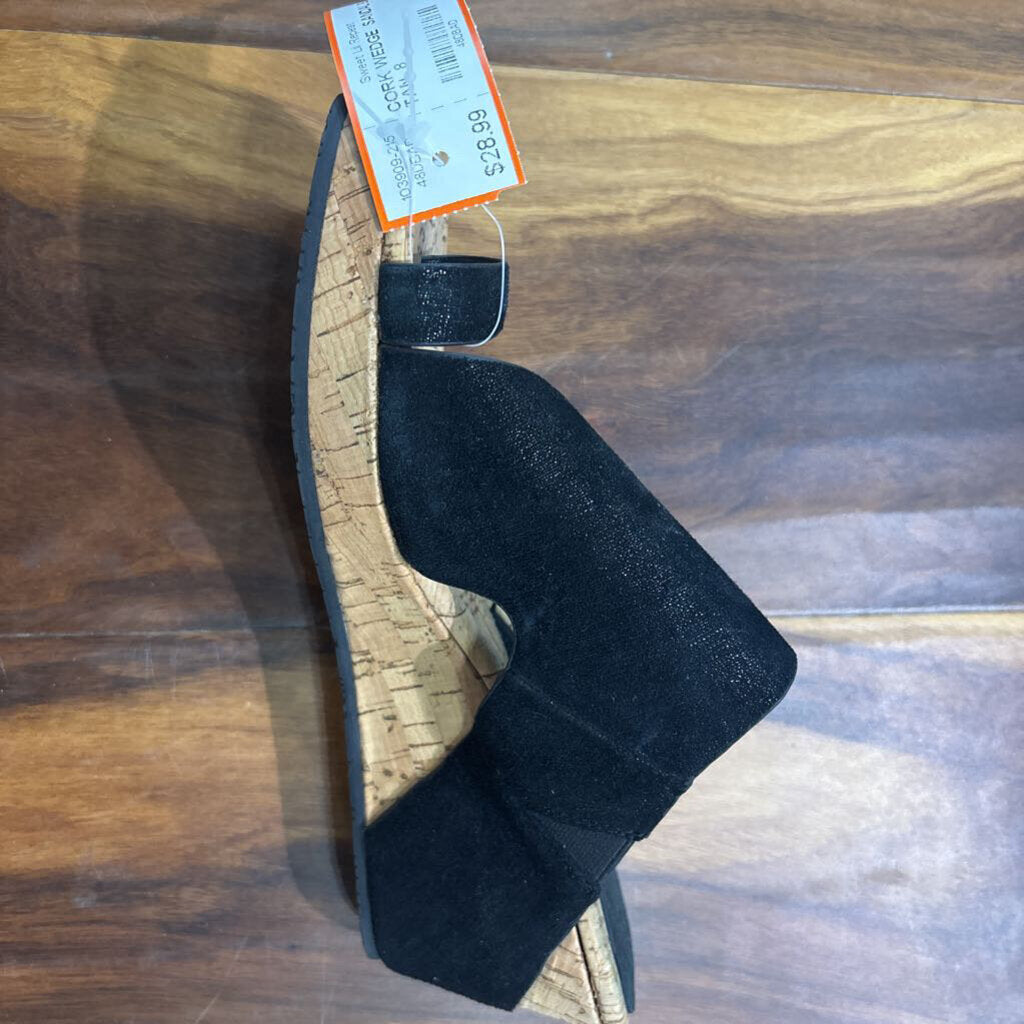 DONALD PLINER,CORK WEDGE SANDAL,BLK TAN ,8