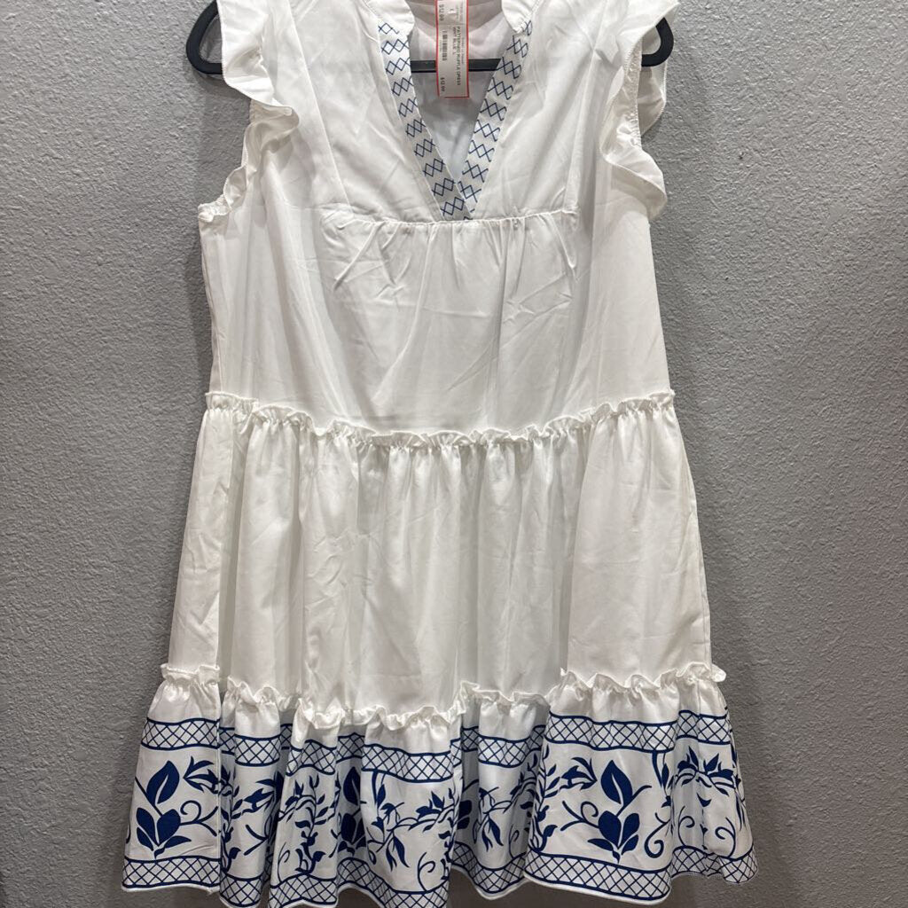 PATTERNED RUFFLE DRESS,WHT BLUE ,L