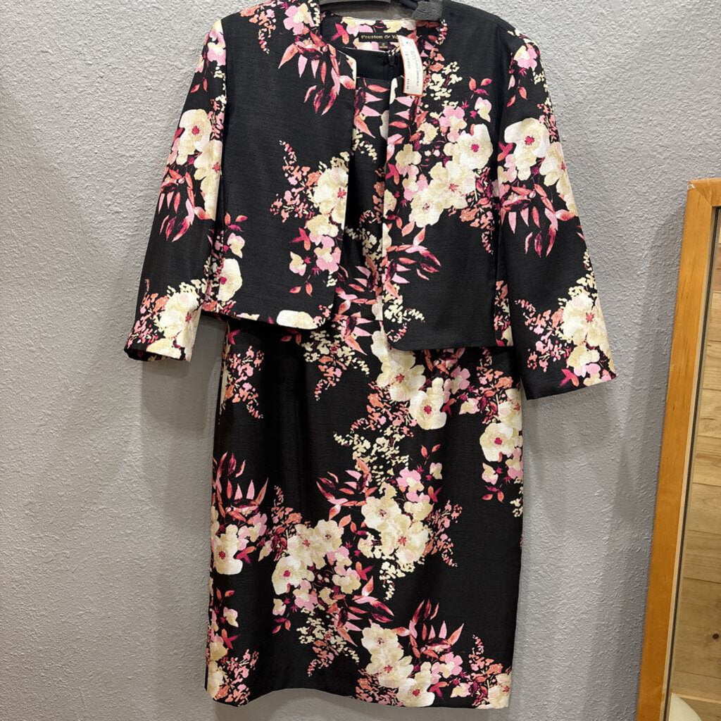 PRESTON & YORK,FLORALRUFFLE DRESS,BLK MULTI,12