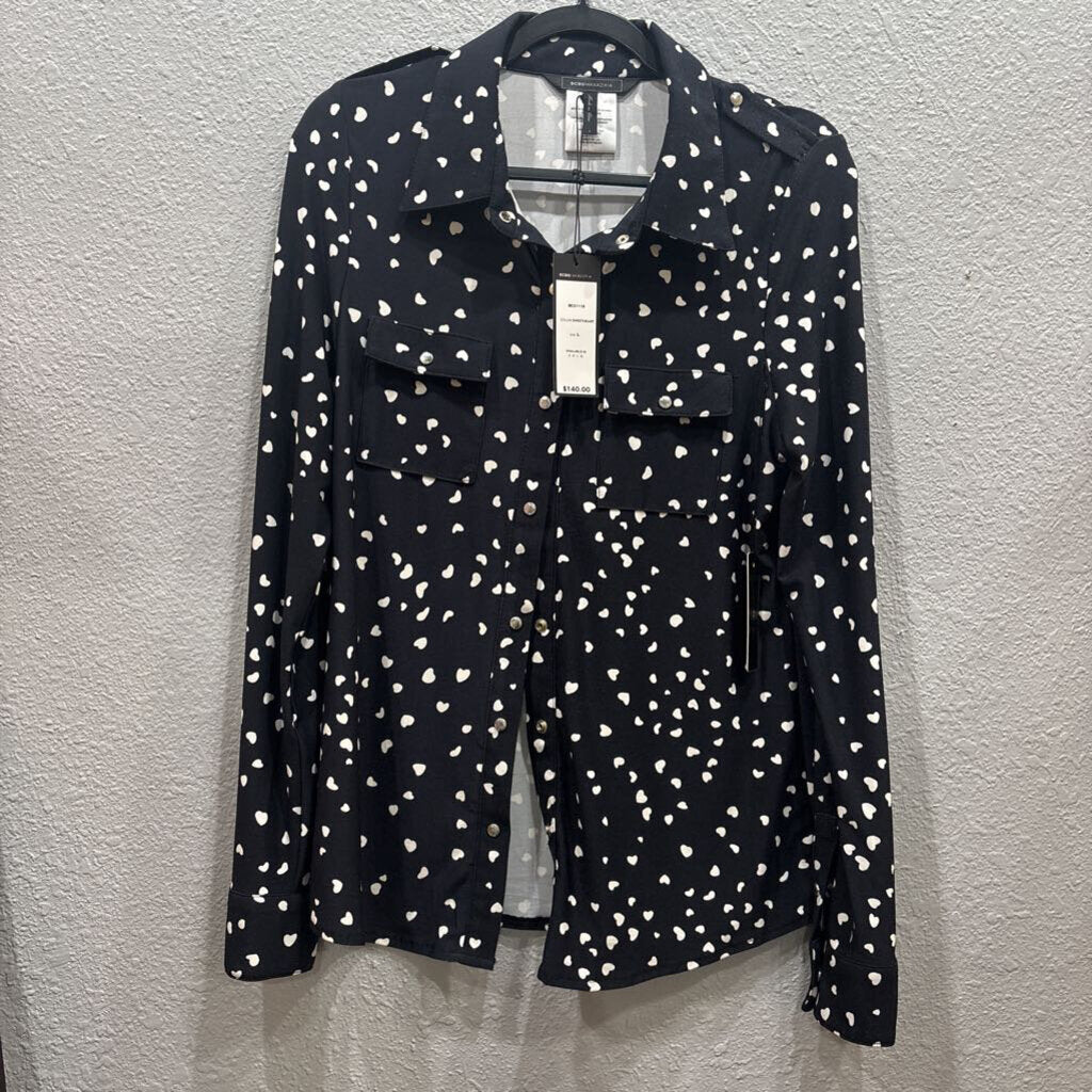 BCBG,NWT COLLARED PATTERNED TOP ,BLK WHT ,L