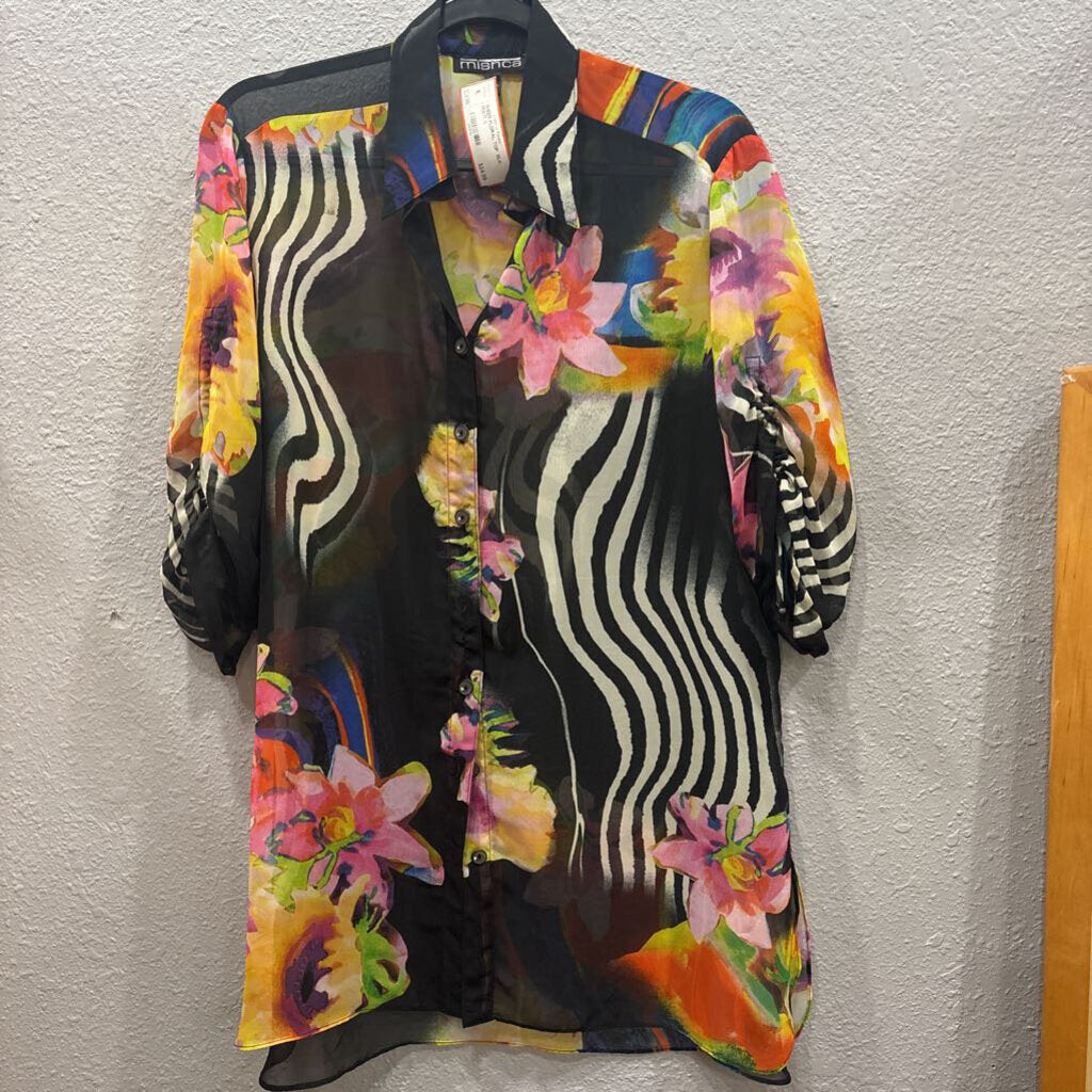 MISCHCA,SHEER FLORAL TOP ,BLK MULTI ,L