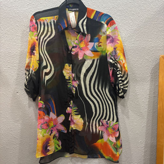 MISCHCA,SHEER FLORAL TOP ,BLK MULTI ,L