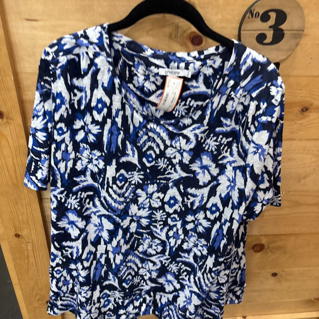 CHICO'S,PATTERNED TOP ,BLUE WHT ,XL