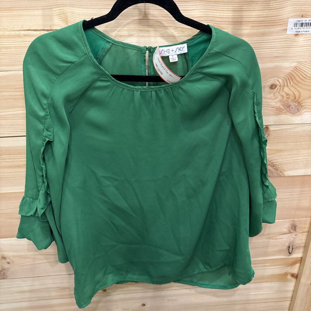 SHE & SKY,SHEER RUFFLE TOP ,GRN ,L