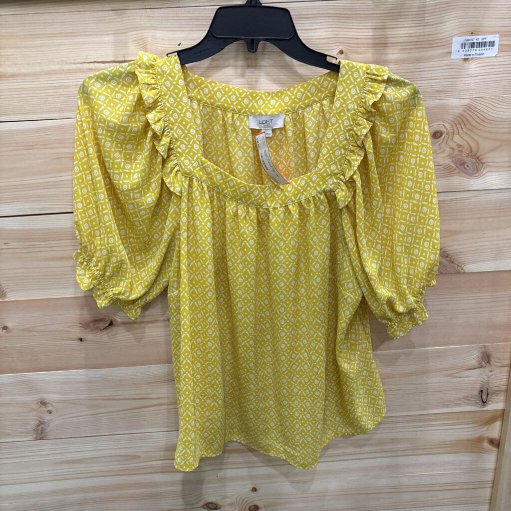 LOFT,SHEER RUFFLE TOP ,YEL WHT ,L