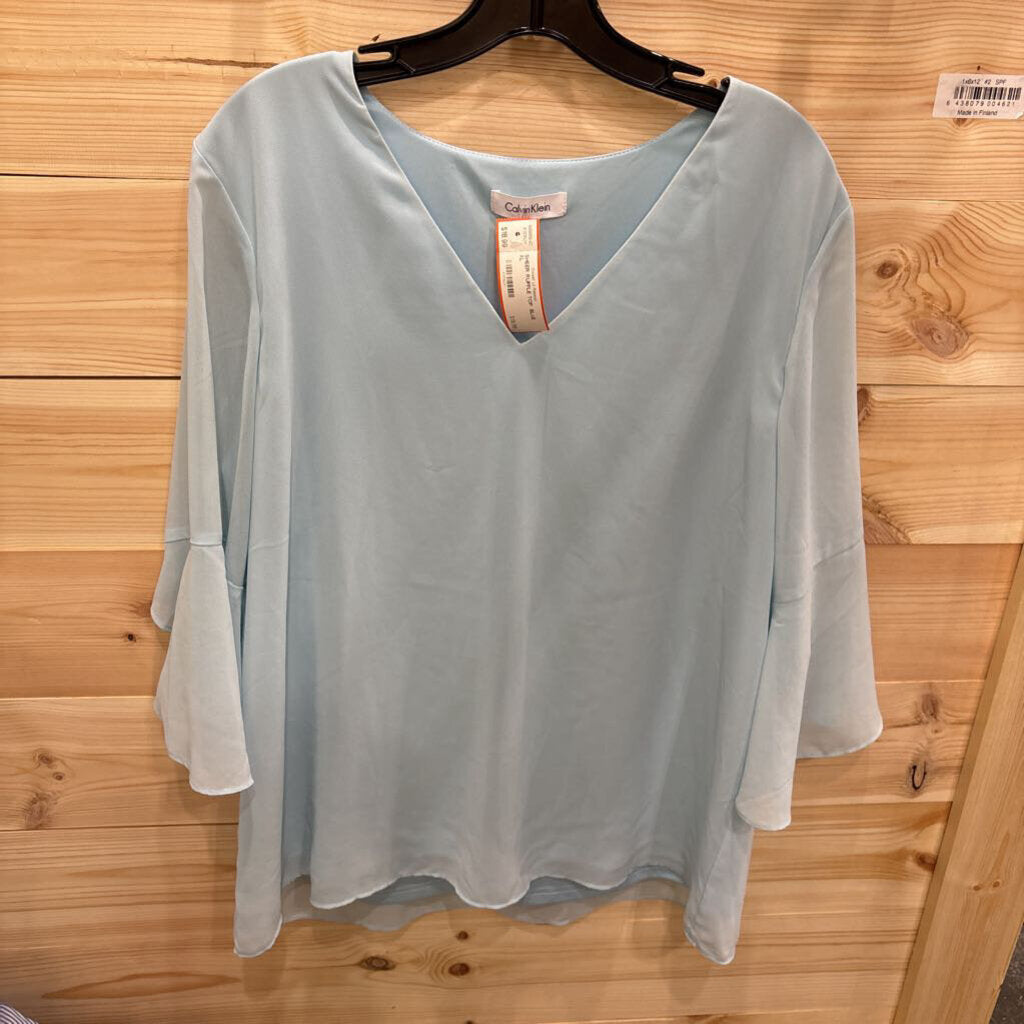 CALVEIN KLEIN,SHEER RUFFLE TOP ,BLUE ,XL