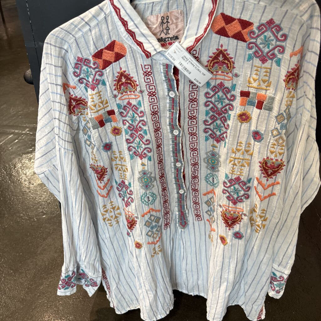 JOHNNY WAS,JWAS STRIPE FLORAL TOP ,MULTI ,L