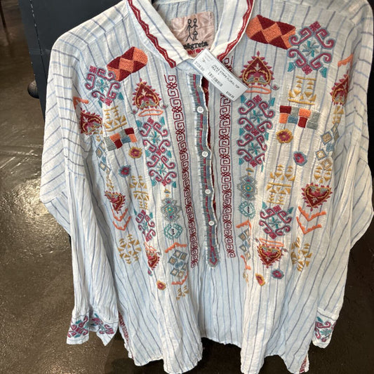 JOHNNY WAS,JWAS STRIPE FLORAL TOP ,MULTI ,L