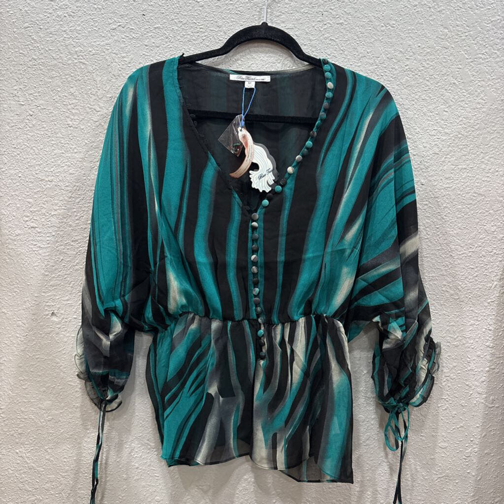 BLUE TASSEL,NWT SHEER PATTERNED TOP ,AQUA BLK ,M
