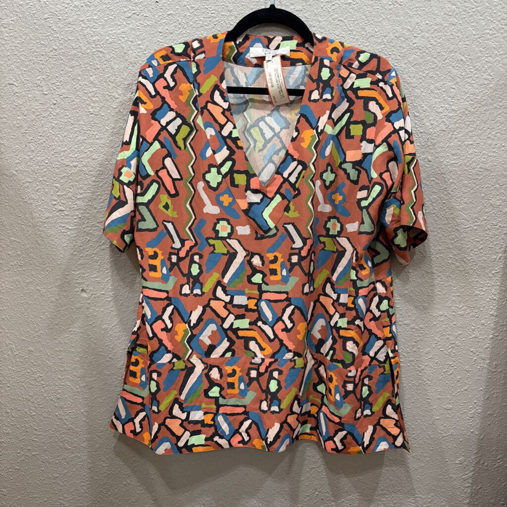 CROSBY BY MOLLIE BURCH,DESIGNER PATTERNED TOP RETAILS $198,RUST MULTI,S