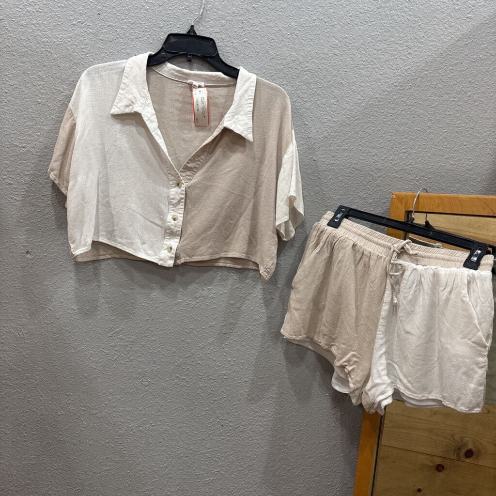 LELIS,2PC COLORBLOCK TOP SHORTS ,TAN WHT ,L