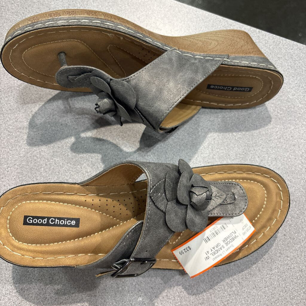 *WEDGE SANDEL W/ FLOWER ,GRAY,41