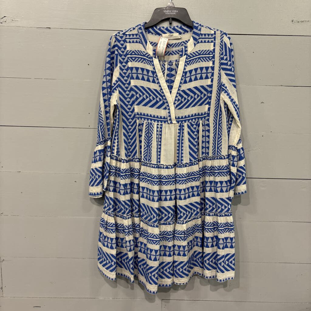 DEVOTION TWINS,PATTERNED RUFFLE DRESS ,BLUE WHT ,XS