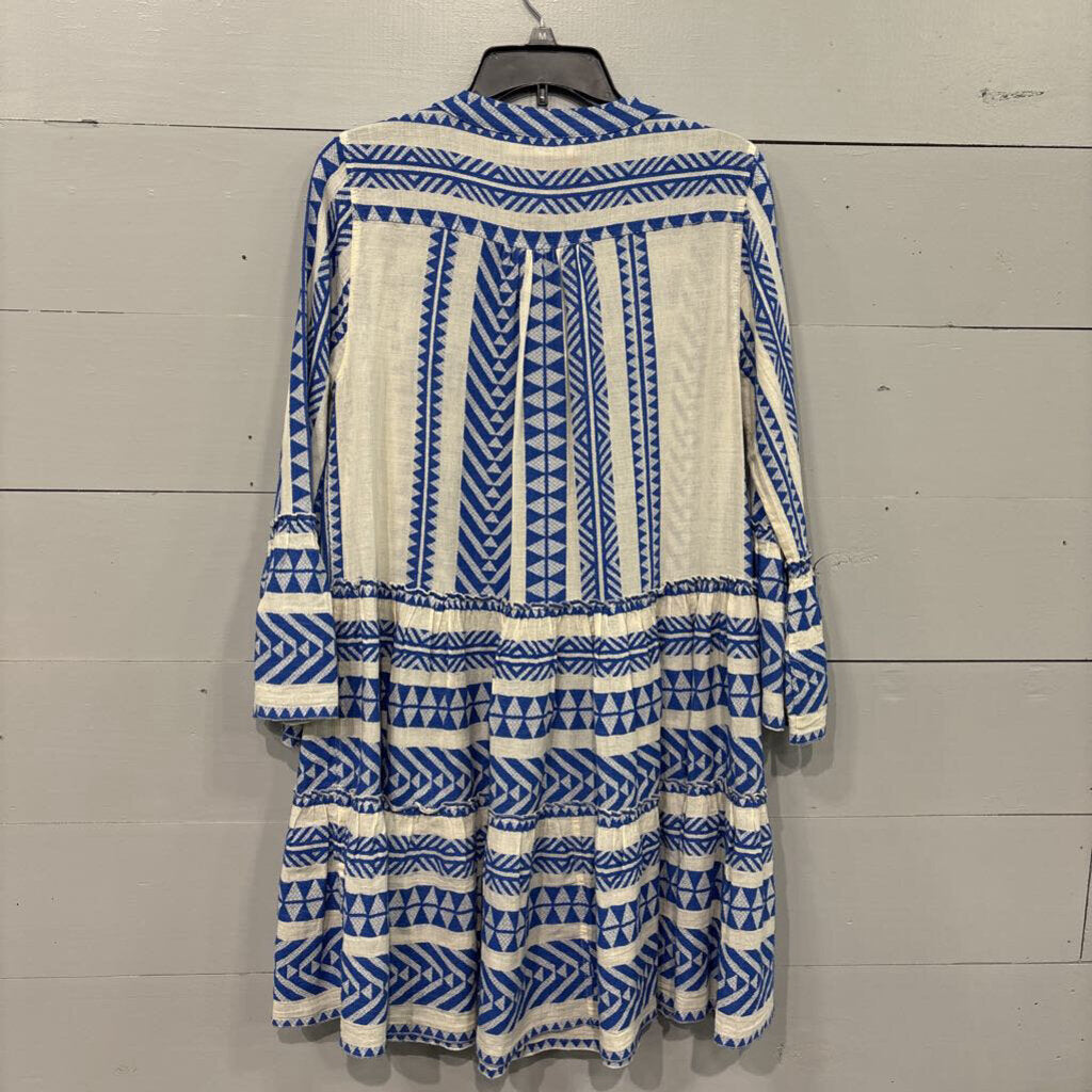 DEVOTION TWINS,PATTERNED RUFFLE DRESS ,BLUE WHT ,XS
