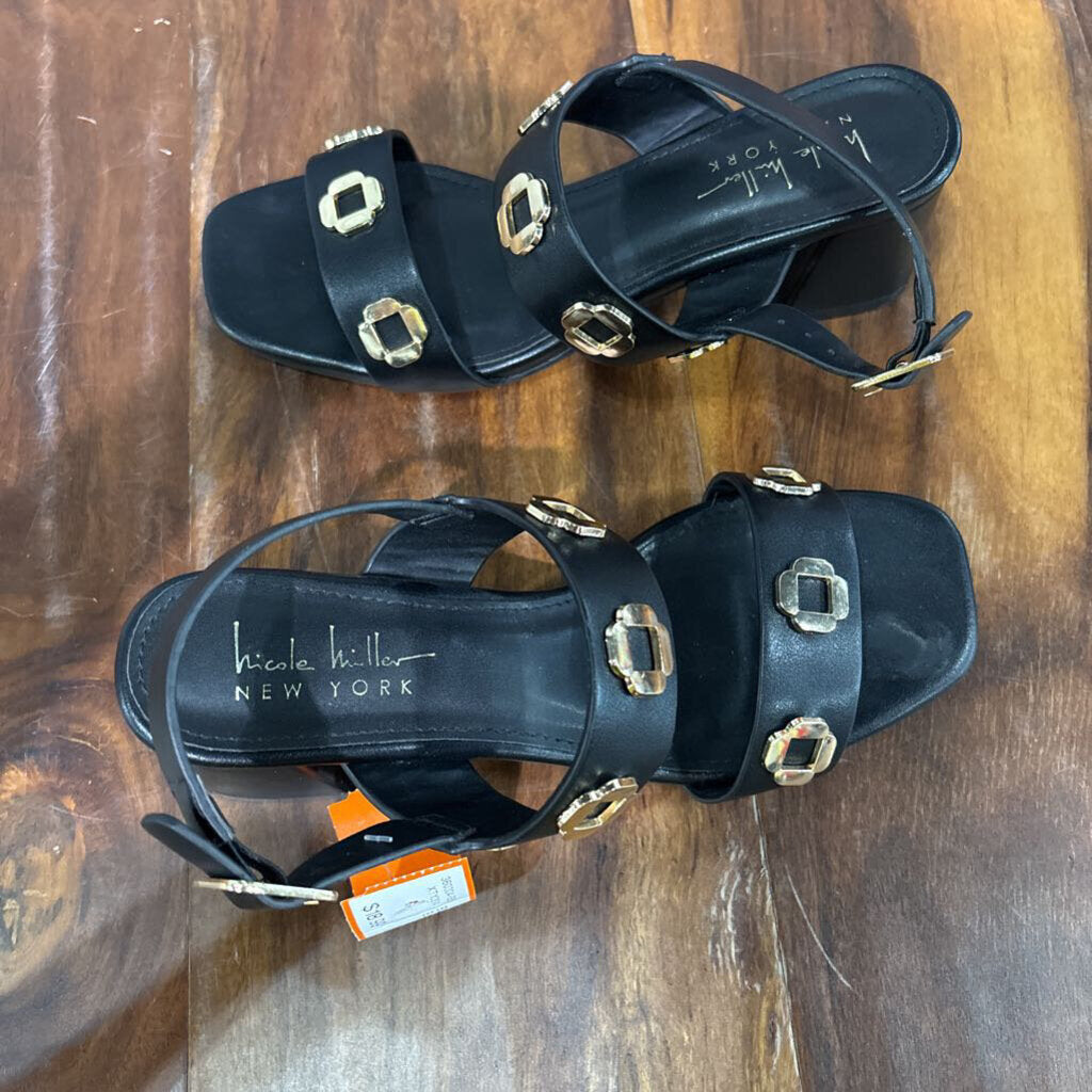 NICOLE MILLER,BUCKLE STRAP HEEL ,GOLD BLK ,7.5