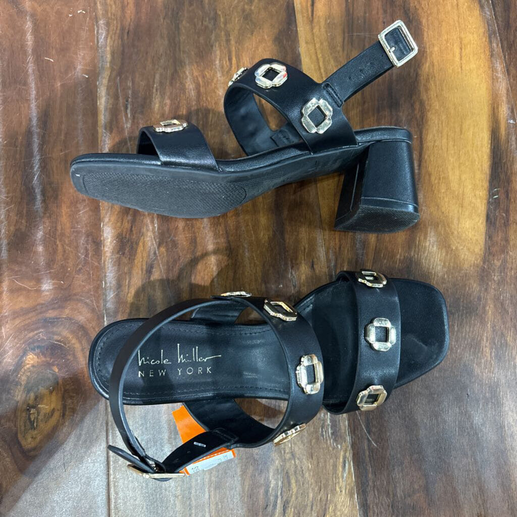 NICOLE MILLER,BUCKLE STRAP HEEL ,GOLD BLK ,7.5