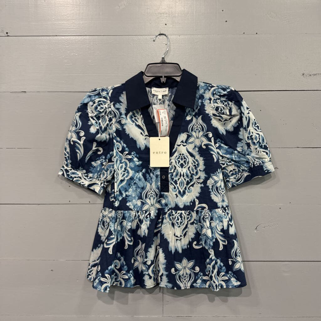 ENTRO,NWT FLORAL TOP ,BLUE WHT ,S