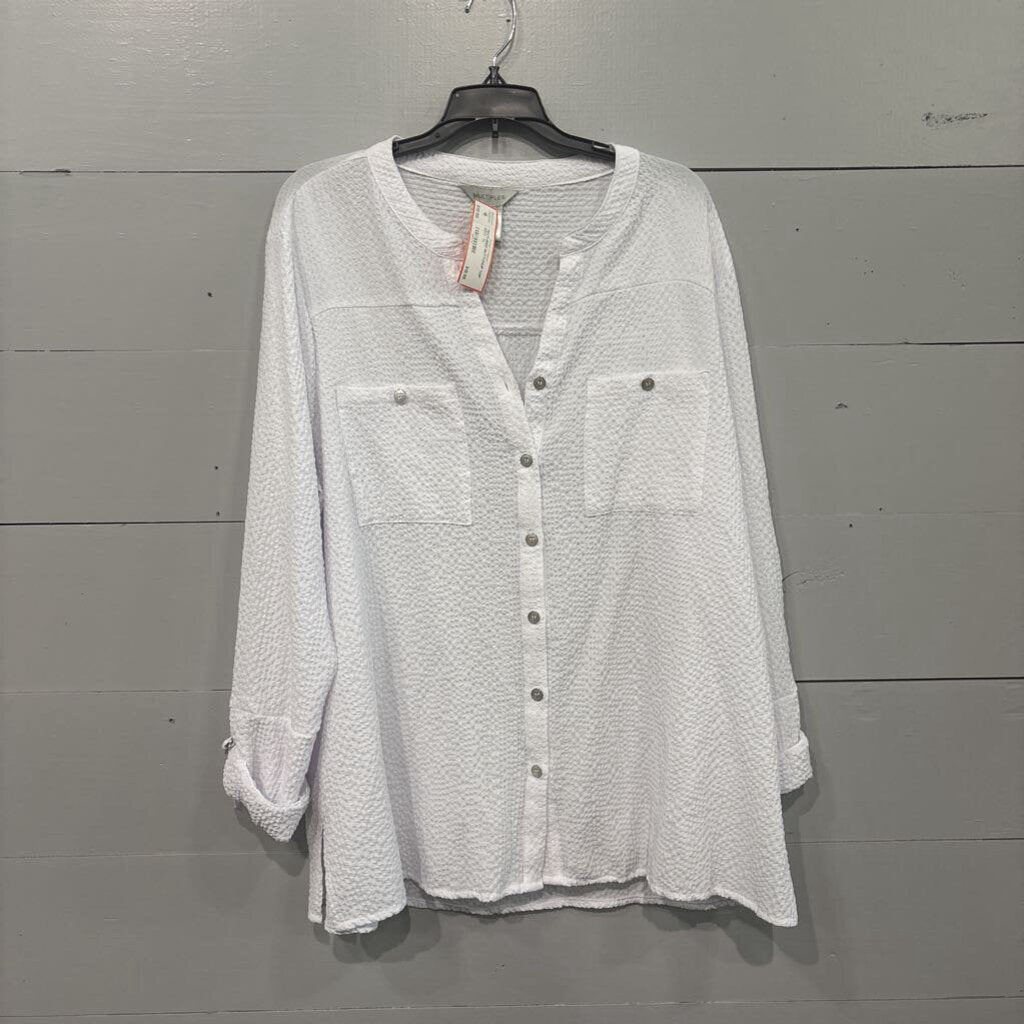 MULTIPLES,TEXTURED BUTTONUP TOP ,WHT ,XL