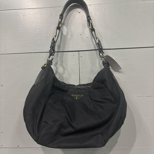 PRADA,AUTHENTIC NYLON LEATHER TRIMSHOULDER HANDBAG,BLK SILVER GOLD
