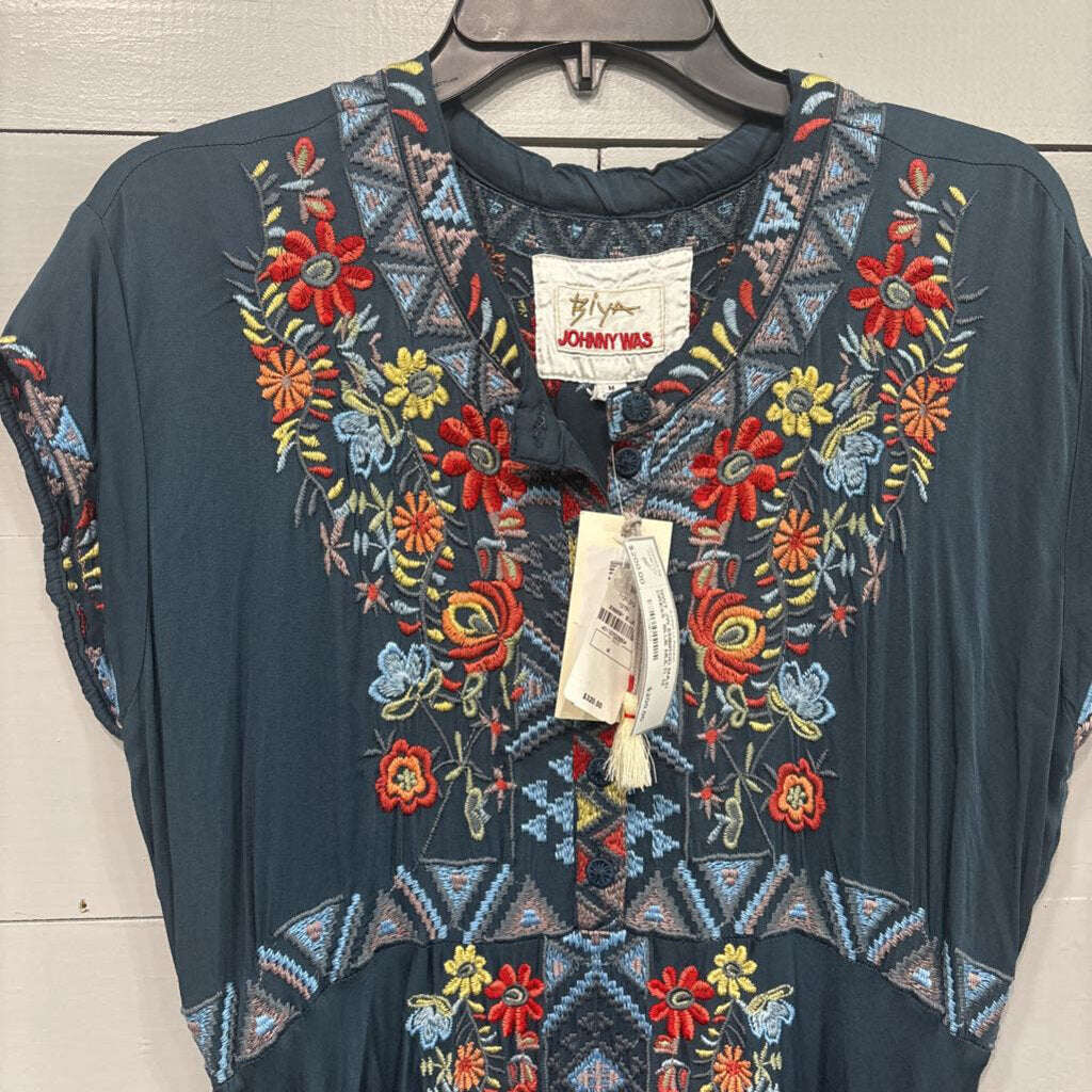 JOHNNY WAS,NWT JW EMBROD MAXI DRESS ,BLUE MULTI ,M