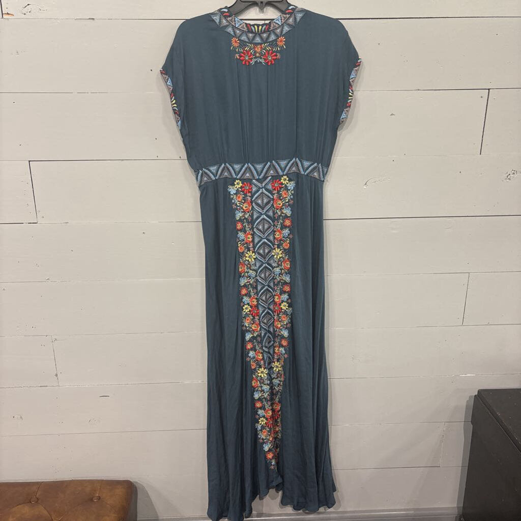 JOHNNY WAS,NWT JW EMBROD MAXI DRESS ,BLUE MULTI ,M