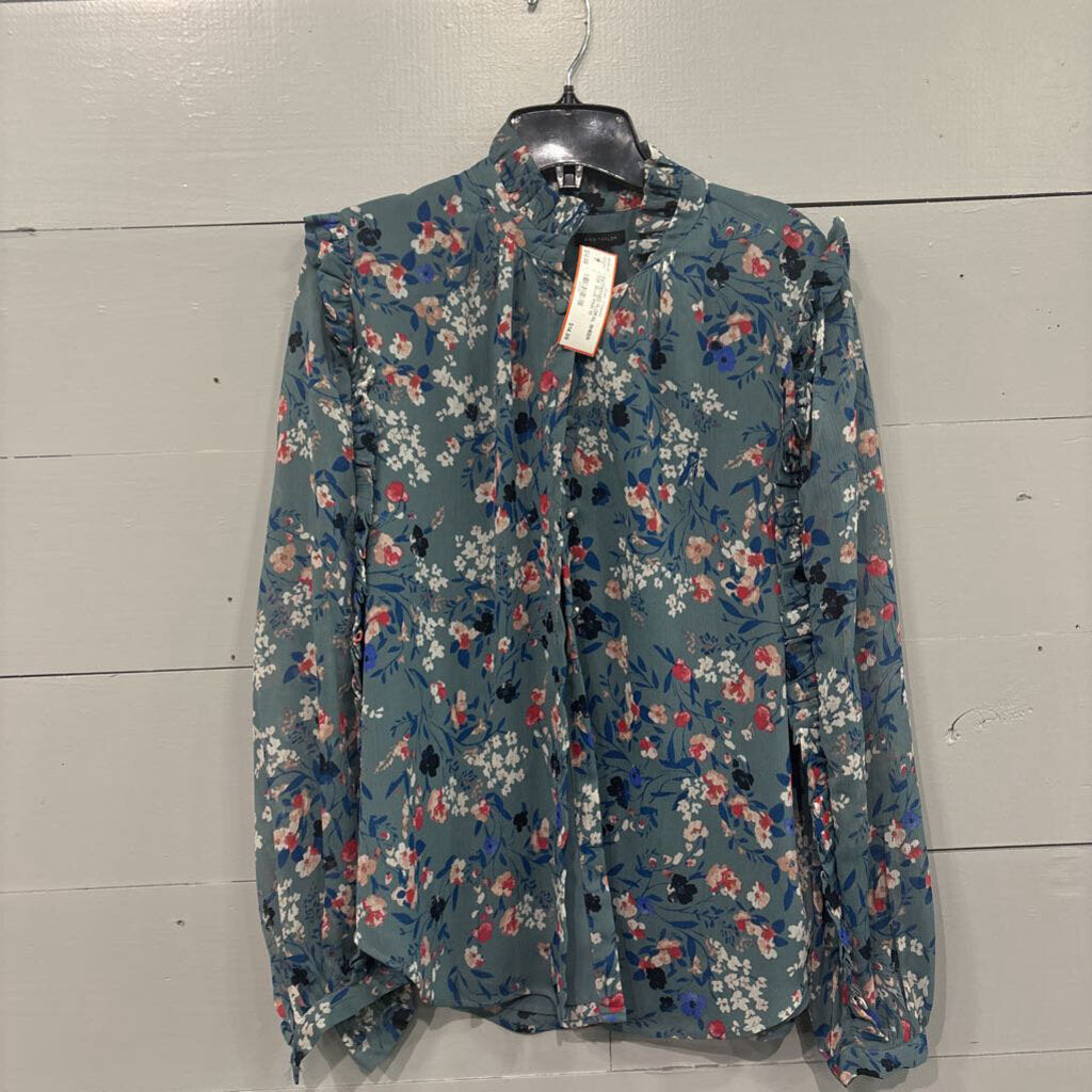 ANN TAYLOR,PATTERNED FLORAL SHEER TOP ,BLUE PINK,M