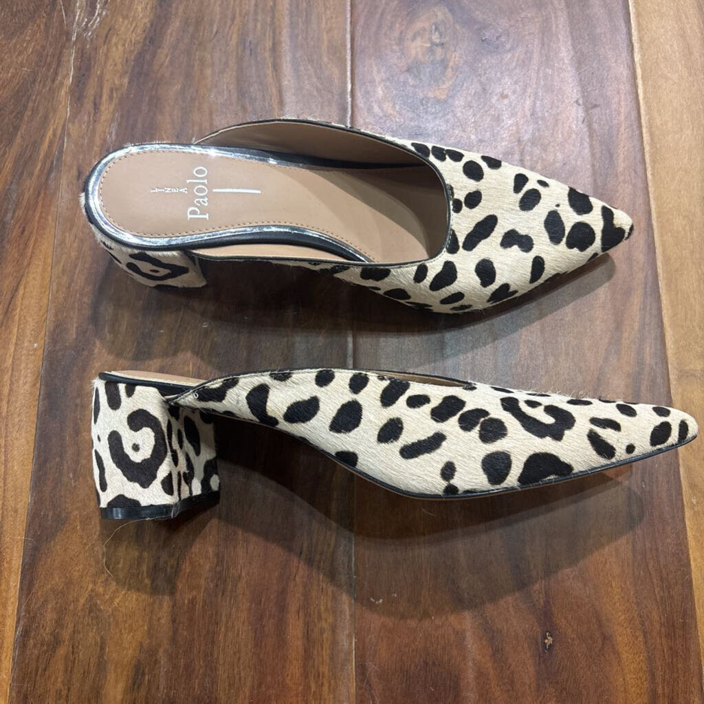 PAOLO,LEOPARD MULE HEEL ,TAN BLK ,9