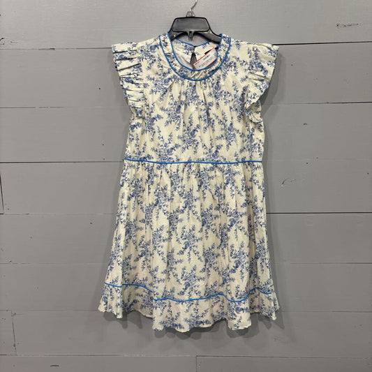 GIGIO,FLORAL RUFFLE SHORT SLEEVE DRESS,CREAM AND BLUE,M